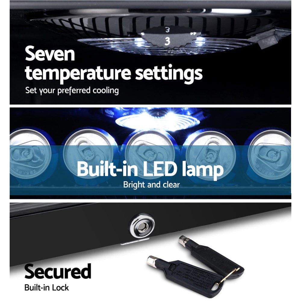 Devanti 98L Bar Fridge Glass Door w/Light Black