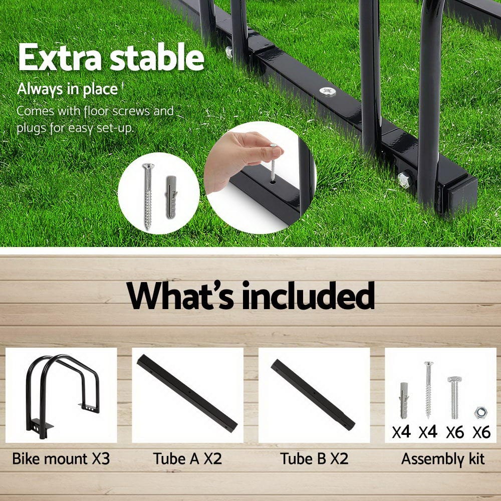 Weisshorn 3 Bike Stand Rack Bicycle Storage Floor Parking Holder Cycling Black