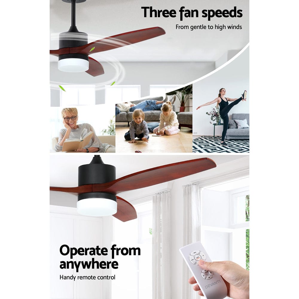 Devanti 52&#39;&#39; Ceiling Fan AC Motor 3 Blades w/Light - Dark Wood