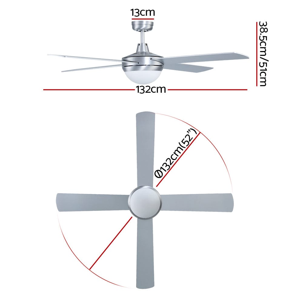 Devanti 52&#39;&#39; Ceiling Fan AC Motor w/Light w/Remote - Silver