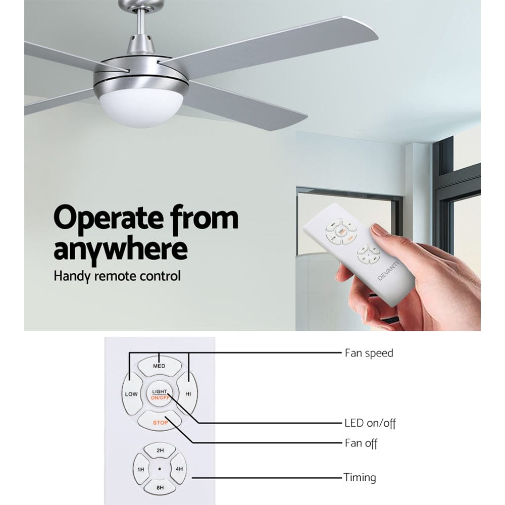 Devanti 52&#39;&#39; Ceiling Fan AC Motor w/Light w/Remote - Silver