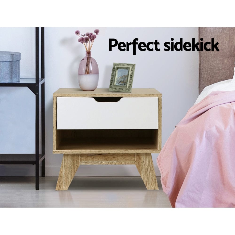 Artiss Bedside Table 1 Drawer with Shelf - IKER White &amp; Oak