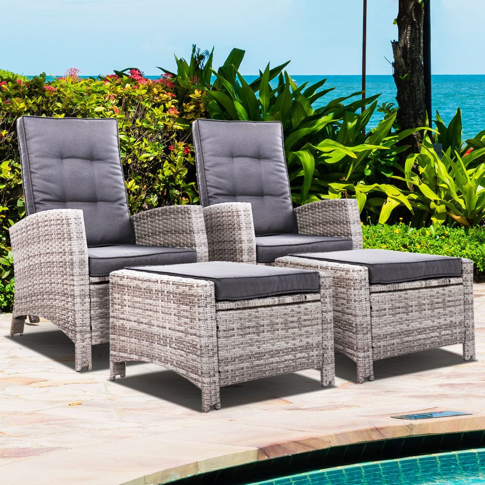 Gardeon 2PC Recliner Chairs Sun lounge Wicker Lounger Outdoor Furniture Adjustable Grey