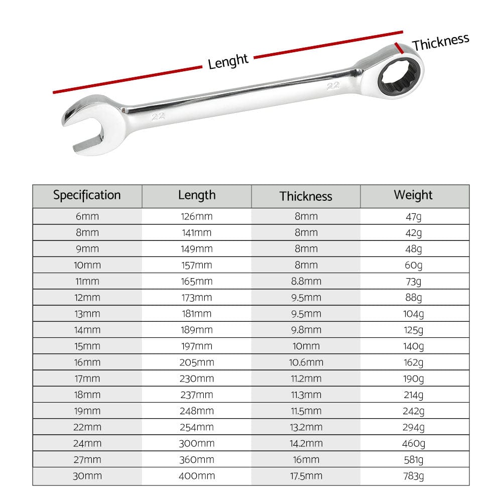 Giantz 17pcs Ratchet Spanner Set Metric 6MM-30MM