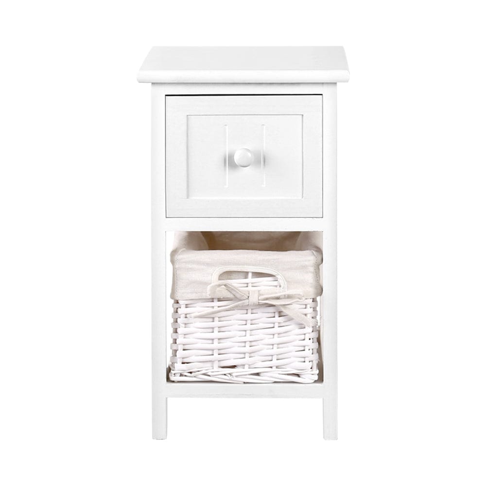 Artiss Bedside Table 1 Drawer with Basket Rustic White X2