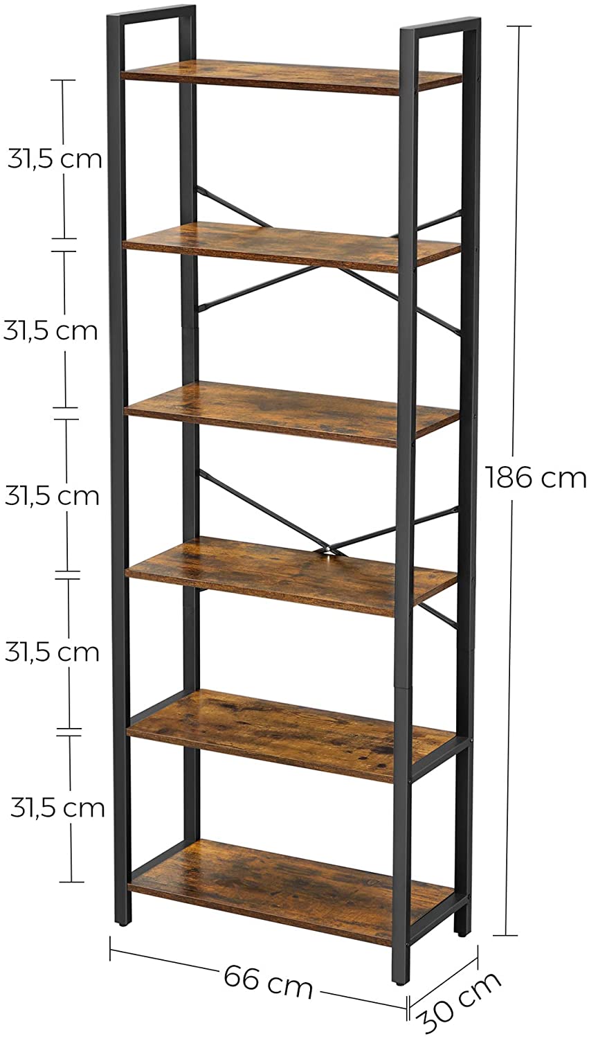 6-Tier Storage Rack with Industrial Style Steel Frame Rustic Brown and Black, 186 cm High