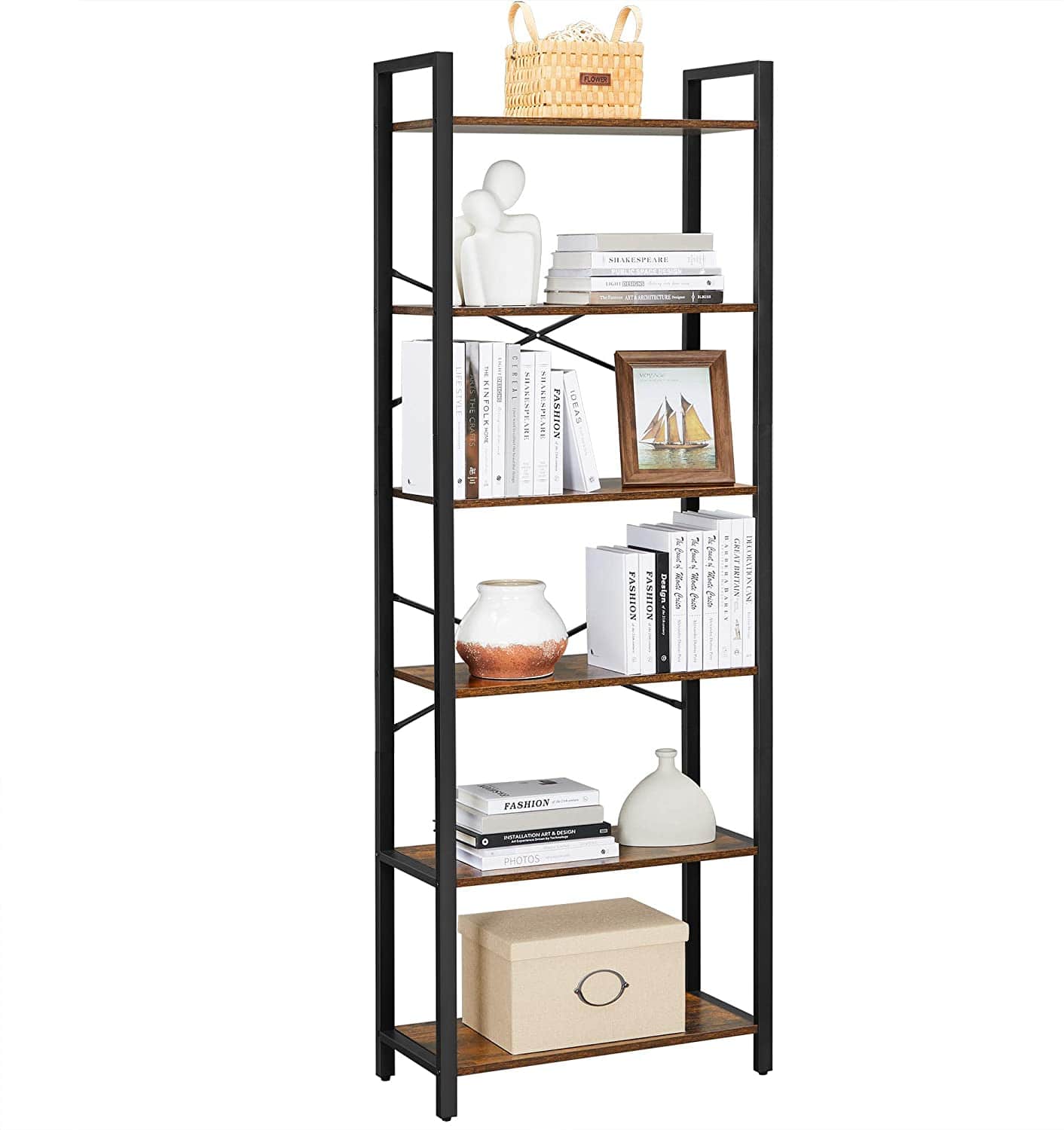 6-Tier Storage Rack with Industrial Style Steel Frame Rustic Brown and Black, 186 cm High