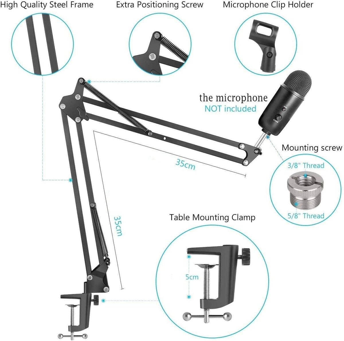 Microphone Radio Broadcasting Stand with 3/8&quot;to 5/8&quot; Screw Adapter and Windscreen Pop Filter