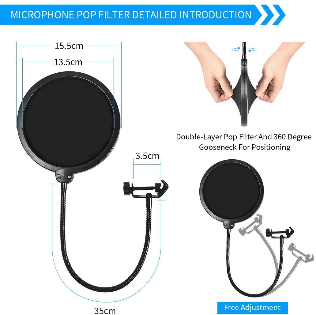Microphone Radio Broadcasting Stand with 3/8&quot;to 5/8&quot; Screw Adapter and Windscreen Pop Filter