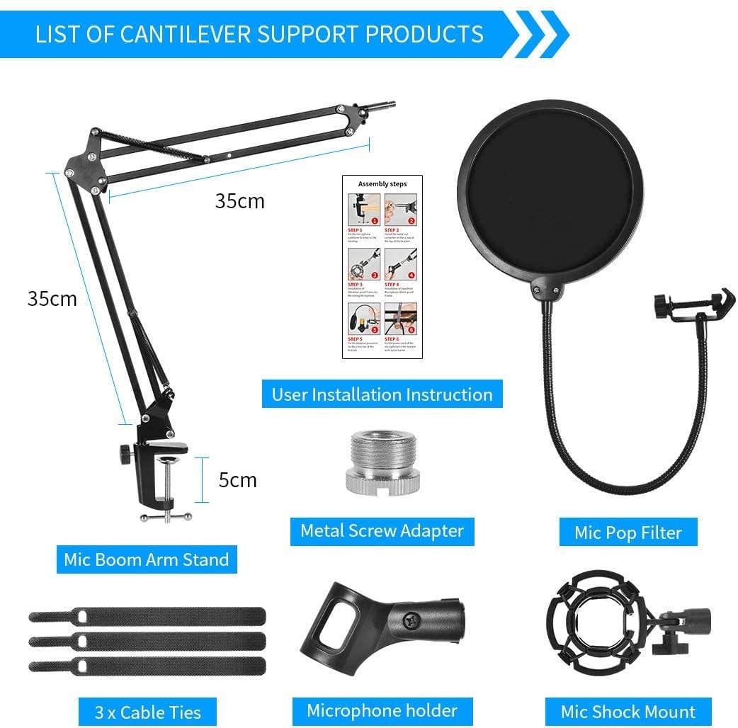 Microphone Radio Broadcasting Stand with 3/8&quot;to 5/8&quot; Screw Adapter and Windscreen Pop Filter