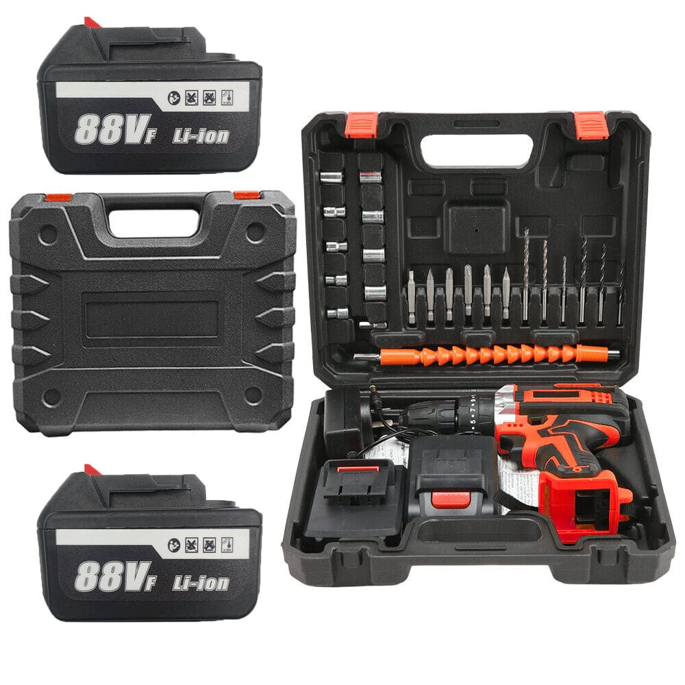 Cordless Drill w/2 Battery Heavy Duty Impact Driver Kit Brushless Hammer Set 88V