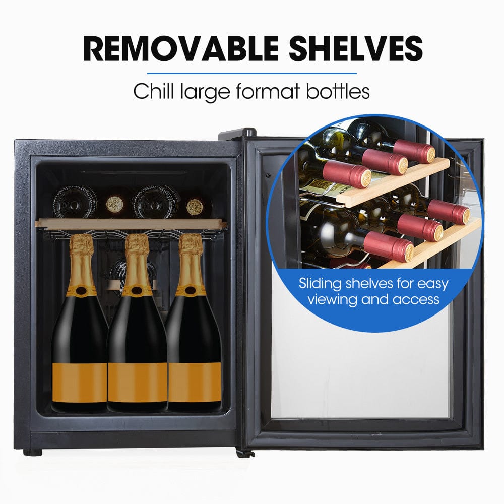 POLYCOOL 33L 12 Bottle Wine Bar Fridge Countertop Cooler Compressor Mirrored Glass Door, Black