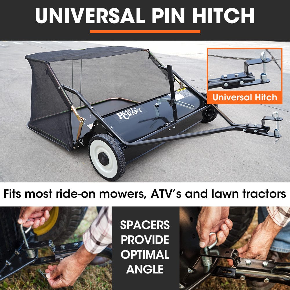 PlantCraft Lawn Sweeper 38&quot; Wide, Tow Behind Leaf and Grass Clipping Collector, Universal Hitch for Ride on Mower, Garden Tractor