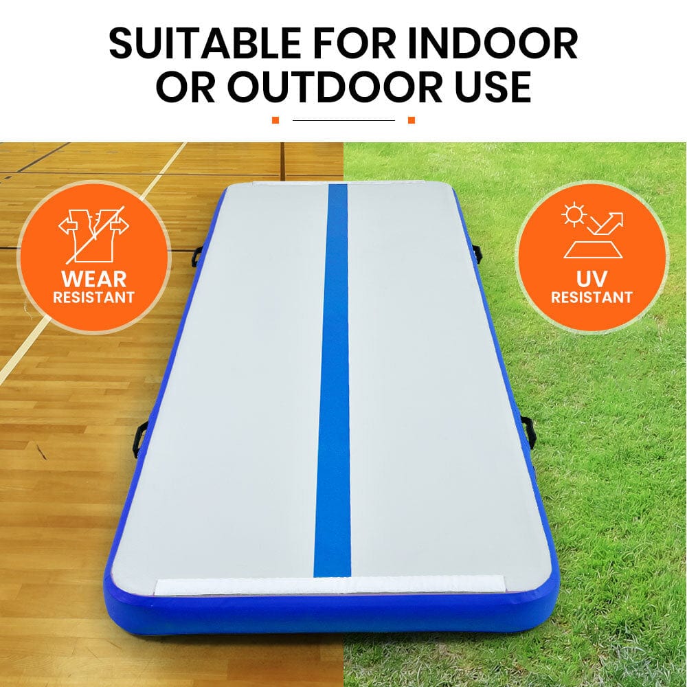 PROFLEX 300x100x10cm Inflatable Air Track Mat Tumbling Gymnastics, Blue &amp; White, with Electric Pump