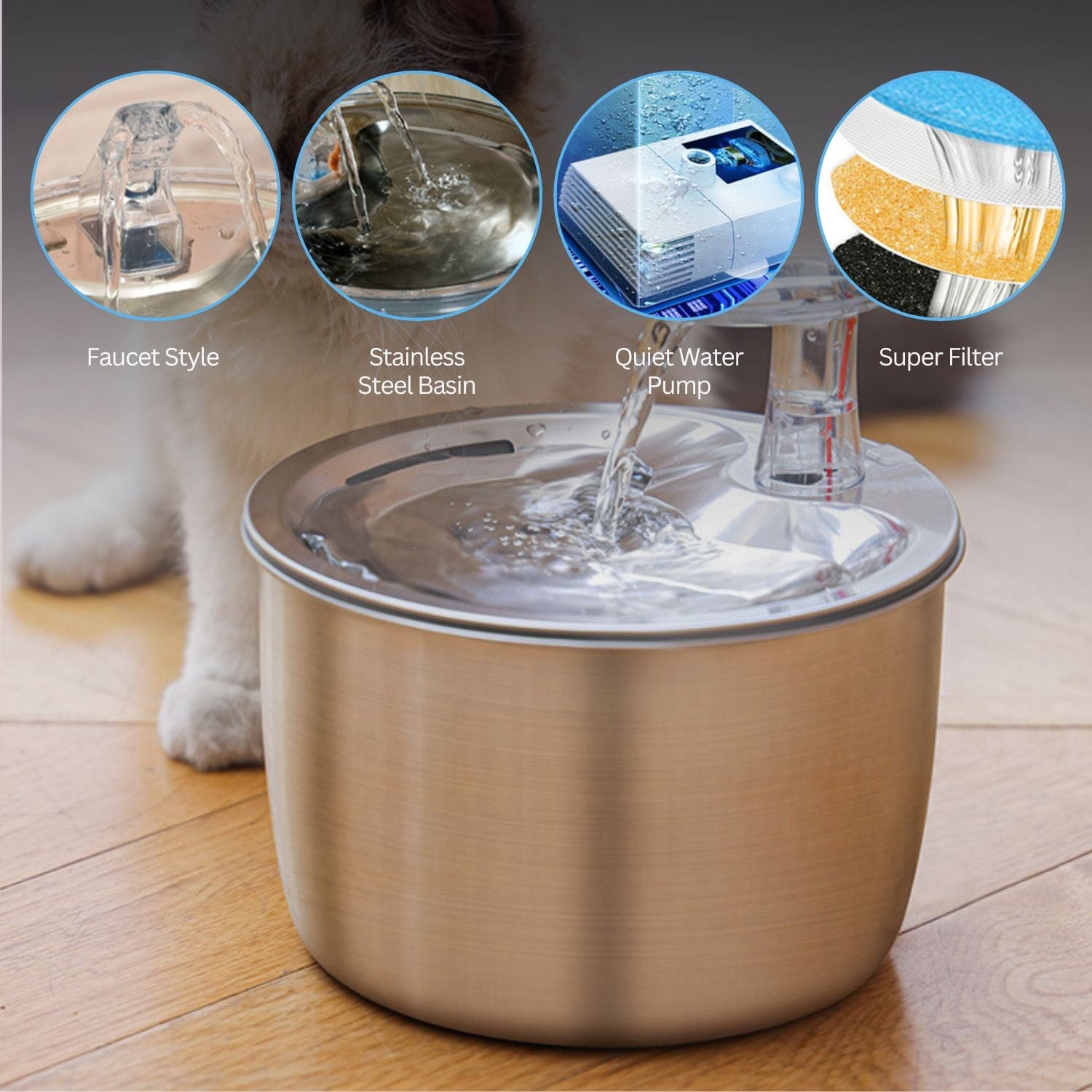 FLOOFI 2L Stainless Steel Pet Water Fountain for Cats and Small Dogs