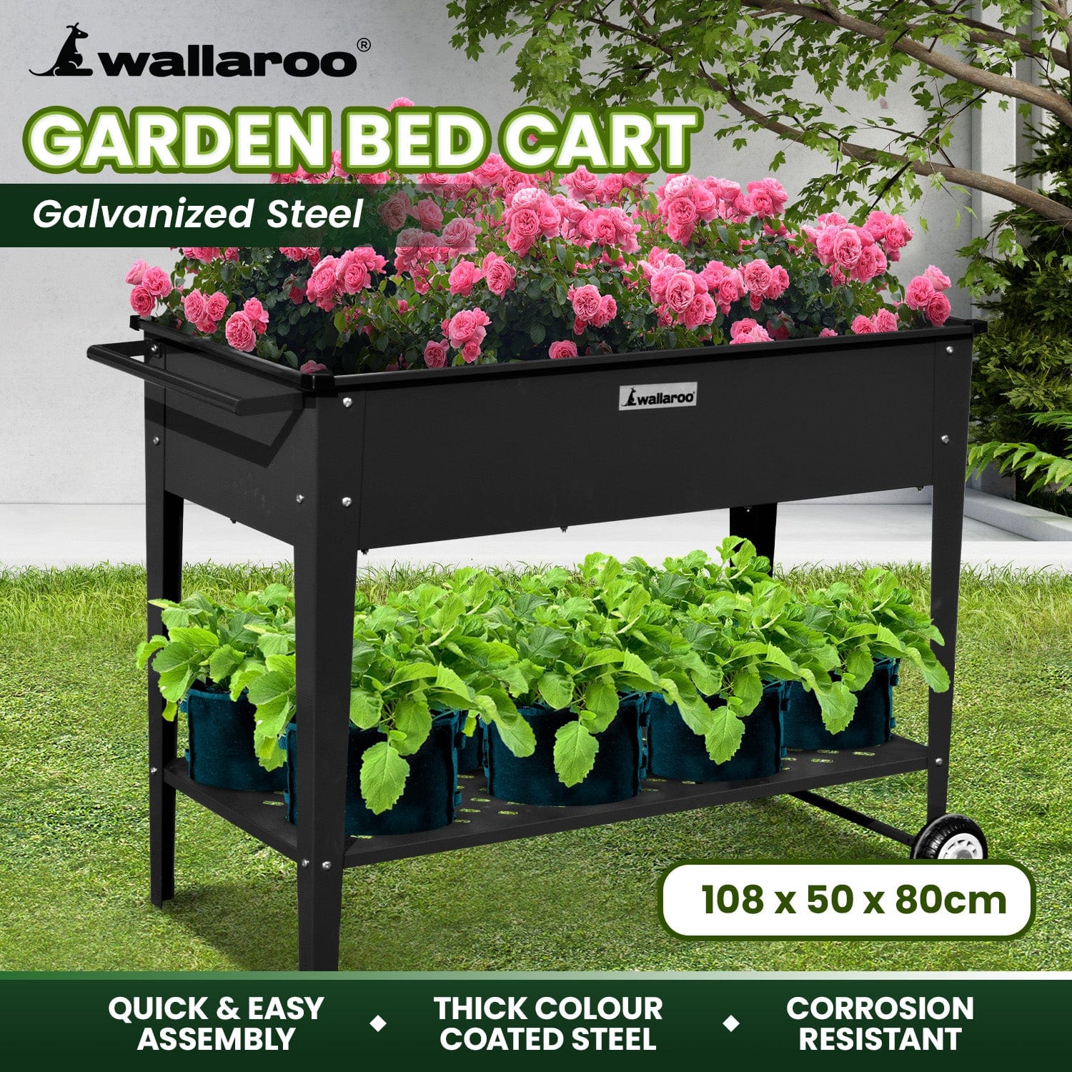 Wallaroo Garden Bed Raised 108.5 x 50.5 x 80cm Galvanized Steel Black