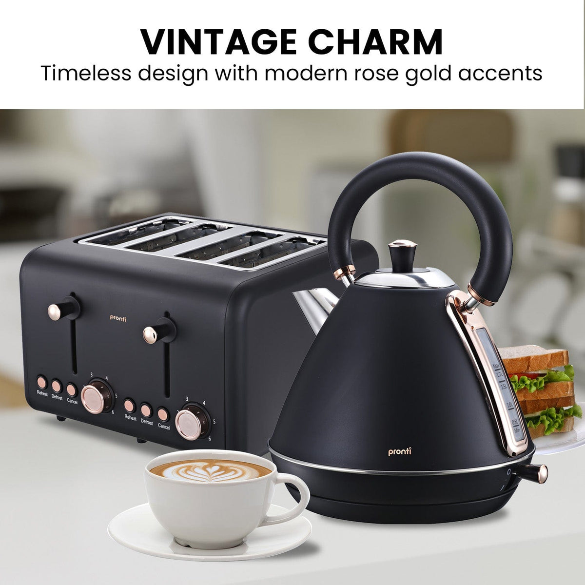 Pronti Rose Trim Collection Toaster &amp; Kettle Bundle - Black