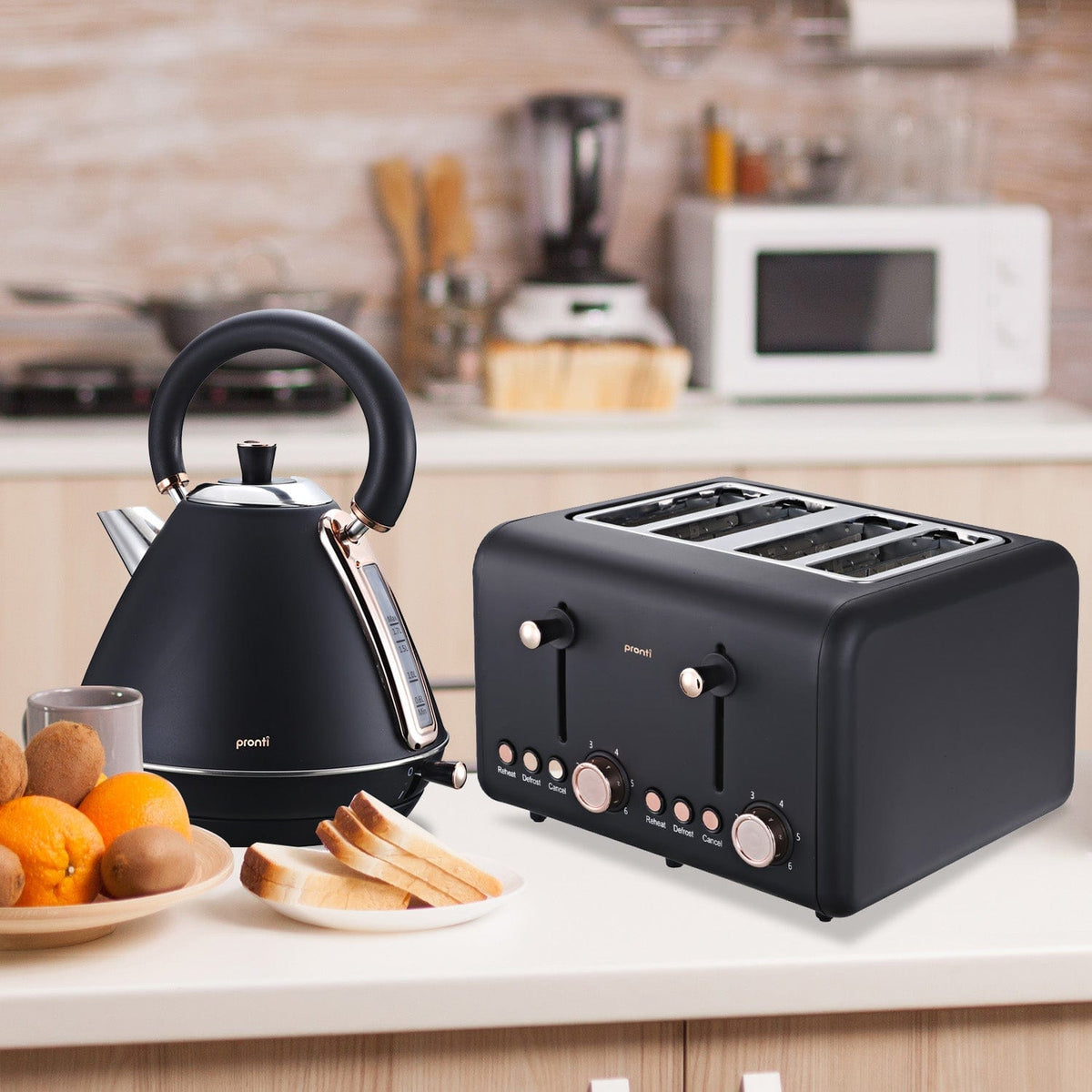 Pronti Rose Trim Collection Toaster &amp; Kettle Bundle - Black