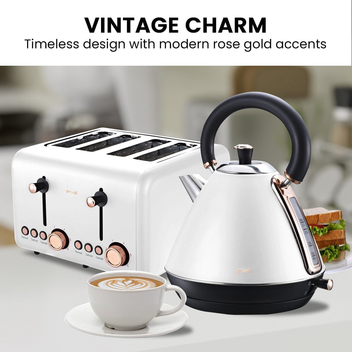 Pronti Rose Trim Collection Toaster &amp; Kettle Bundle - White