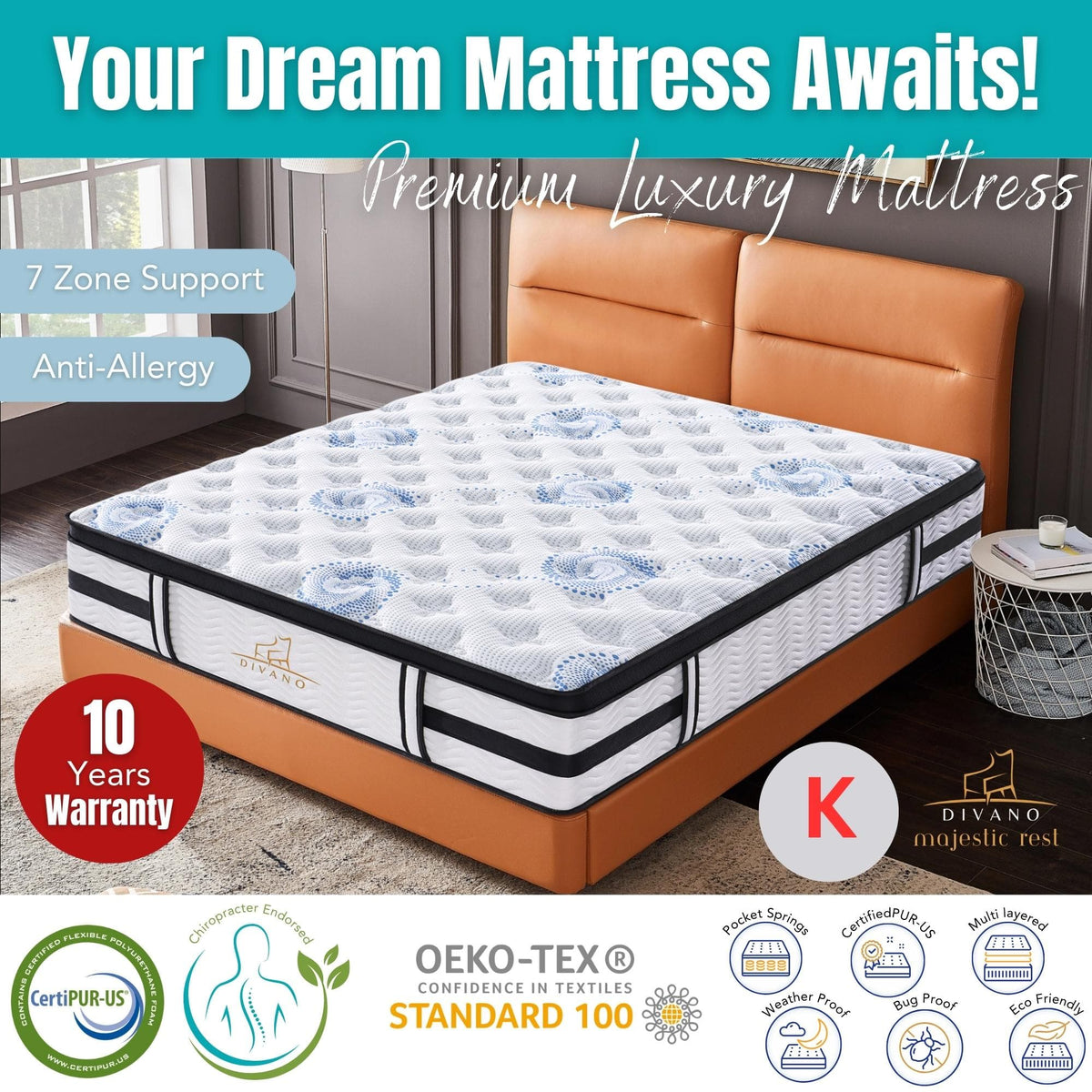 Majestic Rest King Size 7 Zones Luxury Premium Firm Pocket Spring 34cm Mattress