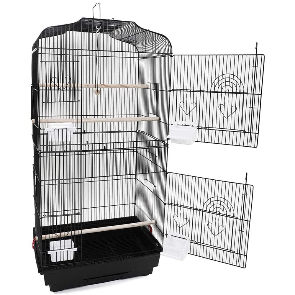 92cm Large Portable Wire Bird Cage Birdcage Parrot Cage Wooden Stand Pole Feeding Cup Black