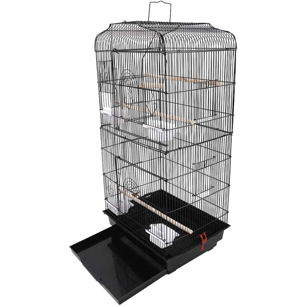 92cm Large Portable Wire Bird Cage Birdcage Parrot Cage Wooden Stand Pole Feeding Cup Black