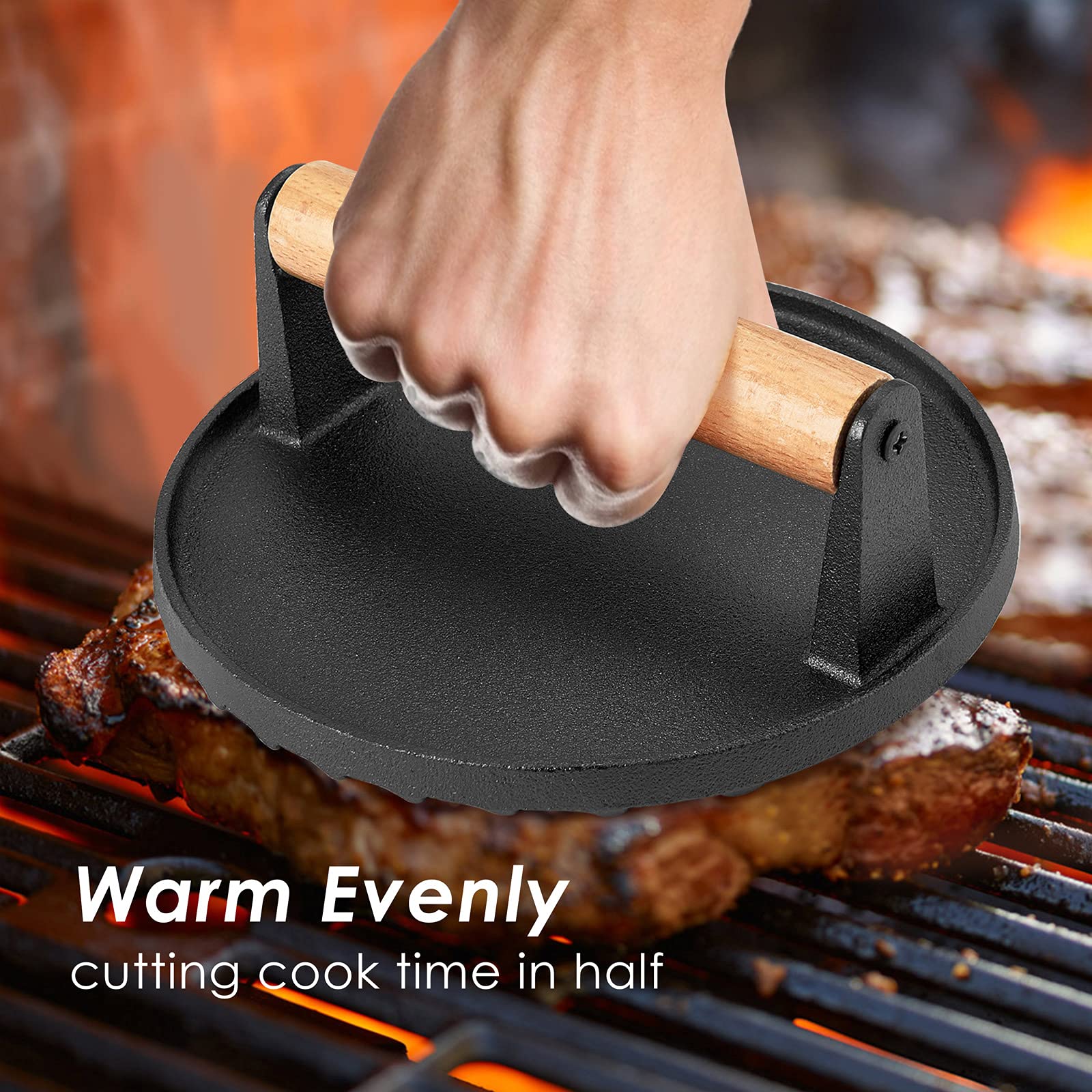 Heavy Duty Round / Rectangle Cast Iron Grill Burger Press Pre-Seasoned Steak Griddle BBQ Grilling