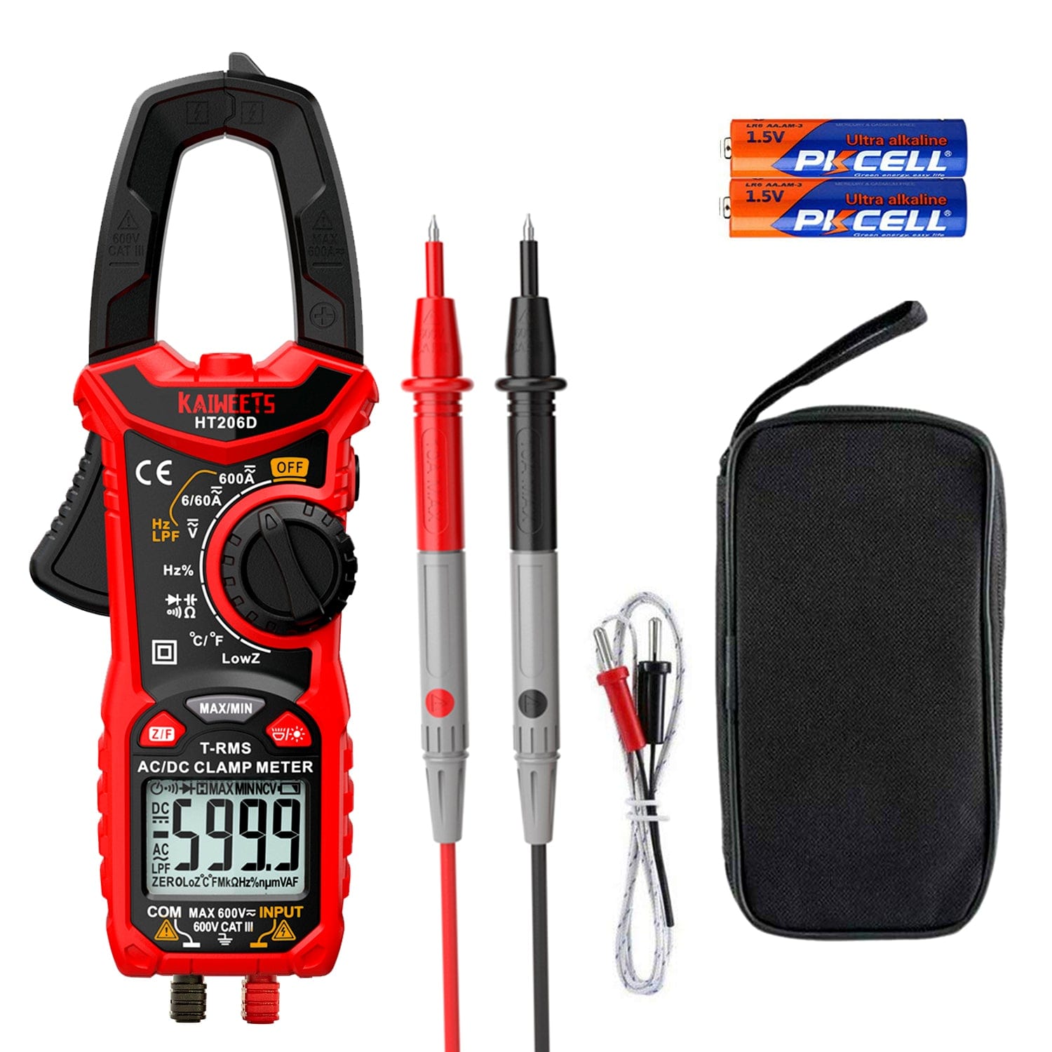 KAIWEETS HT206D Digital Clamp Meter T-RMS 6000 Counts, Multimeter Voltage Tester Auto-ranging, Measures Current Voltage Temperature Capacitance Resistance Diodes Continuity Duty-Cycle (AC/DC Current)