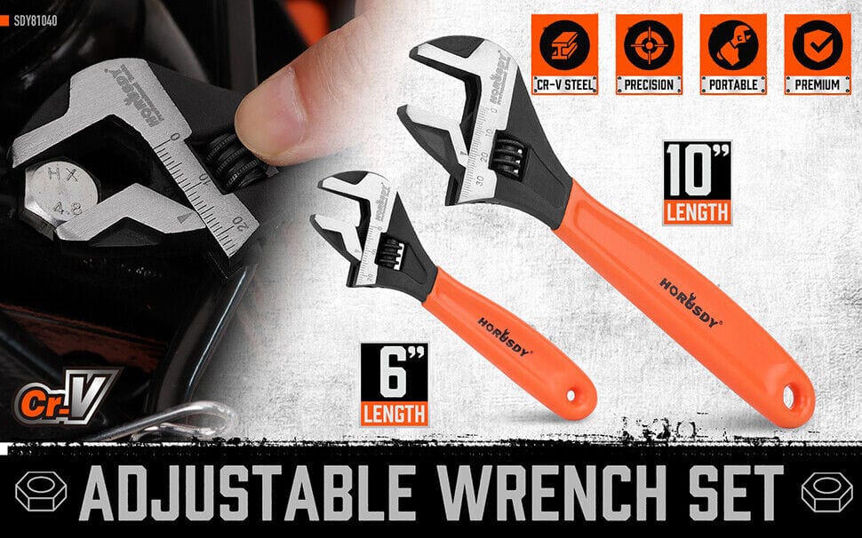 2x Adjustable Wrench Set 6&quot; 10&quot; Wide Jaw Spanner Cr-V Steel Workshop Metric SAE