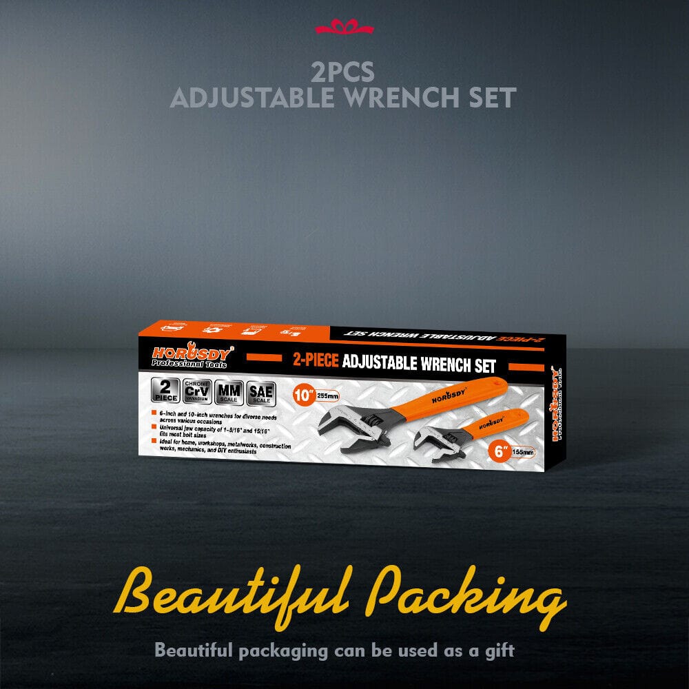 2x Adjustable Wrench Set 6&quot; 10&quot; Wide Jaw Spanner Cr-V Steel Workshop Metric SAE