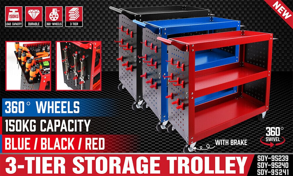 3-Tier Heavy Duty Steel Tool Trolley - Workshop Cart with Pegboard, Hooks and Locking Swivel Casters