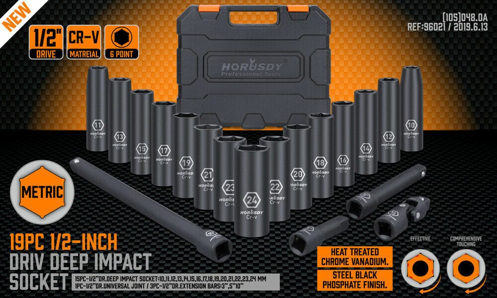 19Pc Deep Socket Set Impact 1/2&quot; Drive Extension Bars Flexible Adapter 10-24mm