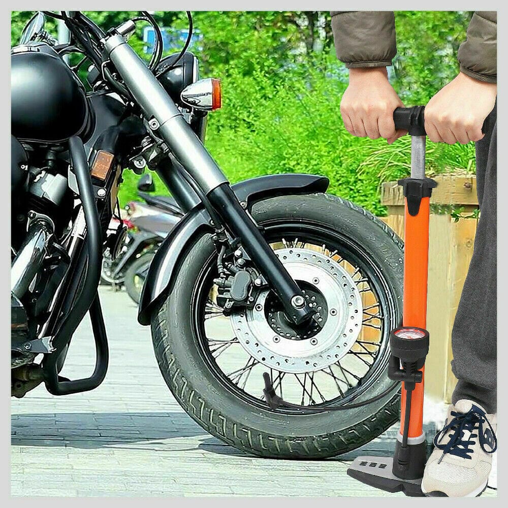 High Pressure Air Pump Bicycle Bike Alloy Floor Air Gauge Ball Balloon Nozzles