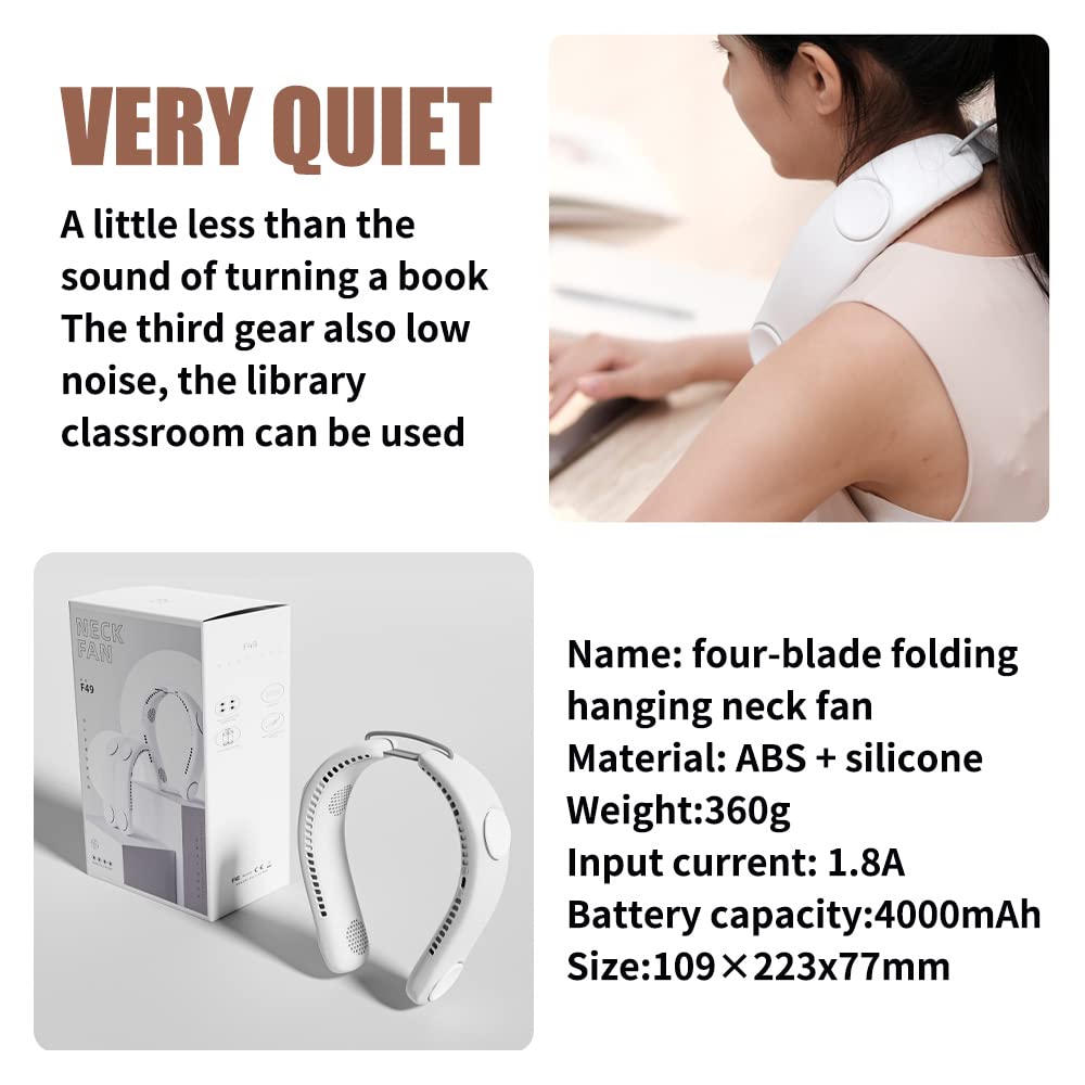 LIFEBEA Portable Neck Fan, Hands Free Bladeless Fan, 4000 mAh Battery Operated Wearable Personal Fan, Leafless, Rechargeable, Headphone Design, USB Powered Desk Fan,3 Speeds (White)